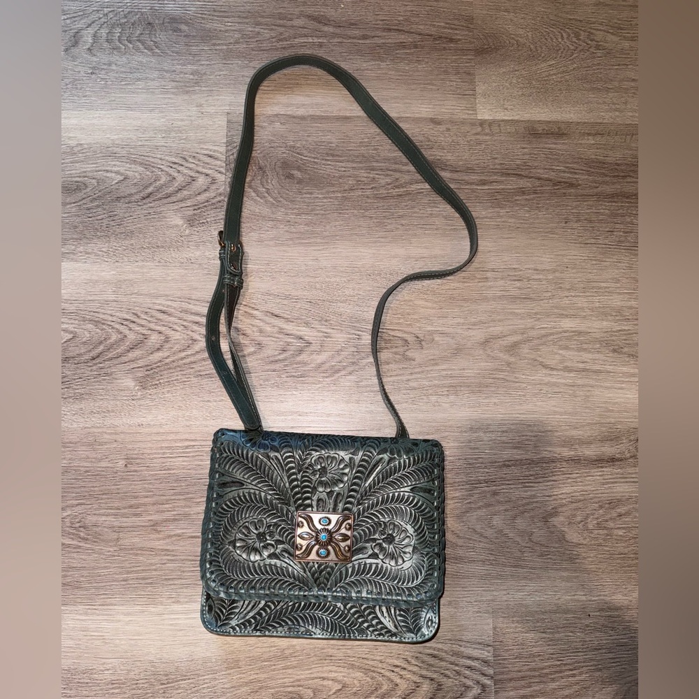 American West Green and Brown Embossed Crossbody Bag Genuine Leather